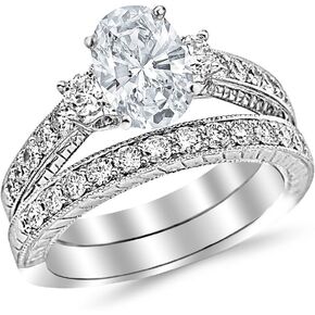 14K White Gold 1.75 Carat LAB GROWN DIAMOND Three Stone Vintage With Milgrain & Filigree Bridal Set with Wedding Band & Oval Cut Diamond Engagement Ring (G-H Color VS2-SI1 Clarity 0.75 Ct Center)