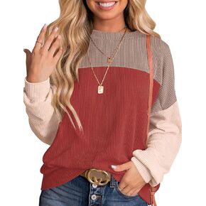 Ivicoer Womens Fashion 2024 Ribbed Long Sleeve Tops Color Block Pullover Shirts Casual Loose