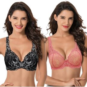 Curve Muse Women’s Plus Size Underwire Add 1+ Cup Push Up Mesh Lace Bra