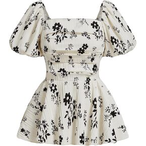 Verdusa Women's Floral Textured Ruched Peplum Blouse Top Short Sleeve Square Neck Boho Shirts