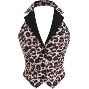WDIRARA Women's Leopard Print Button Front Halter Tops Sleeveless V Neck Crop Top Asymmetrical Hem Blazer Vest