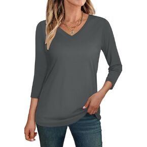 SMENG Women's 3/4 Length Sleeve Tops V Neck T Shirts UPF 50+ Casual Solid Color Shirts Basic Summer Tee Blouses