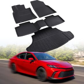 4PCS 2025 for Toyota Camry All Weather Rubber Floor Mats (Include Hybrid) LE/SE/XLE/XSE, XPE All Season Protection Waterproof Anti-Slip Rear Trunk/Cargo Liner, Car Accessories Black