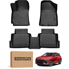 Custom Fit All-Weather TPE Floor Mats Fit for 2024 2025 Hyundai Kona - Heavy Duty, Non-Slip Floor Liners & Cargo Mat Full Set -Black Kona Interiors, Kona 2025 Accesorries