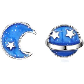 coadipress Moon Planet Stud Earrings for Women Dainty Cute Blue Moon Star Earth Planet Stud Earrings Minimalism Small Star Moon Pearl Asymmetrical Stud Earrings Birthday Party Fashion Jewelry