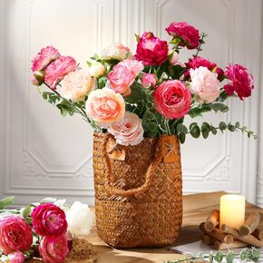 18 Pcs Artificial Flowers Silk Peony Rose Single Eucalyptus Stems Fake Peony Flowers Faux Peony Bouquet Floral Arrangements Bundle Bulk for Table Centerpiece Wedding Farmhouse Home (Classic)