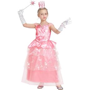 IKALI Kids Girls Pink Witch Costume with Princess Gloves Crown Wand, 3-10 Years Deluxe Good Witch Fancy Dress up Outfit