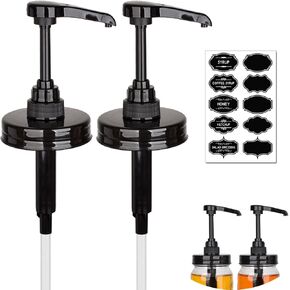 2 Pack Mason Jar Syrup Dispenser Pump Lids, Coffee Syrup Dispenser for Regular Mouth Mason Jars with Rust Proof Plastic Pumps and lids, Kitchen Food Grade Honey Dispenser Pump, Black