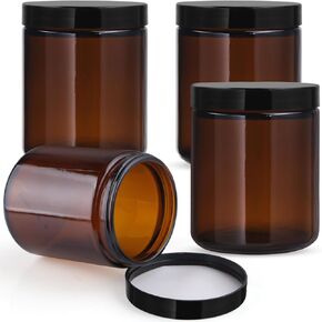 4 Pcs 270g/9oz Amber Glass Jars Empty Straight Sided Cosmetic Containers with Plastic Black Lids for Body Cream Lotion Spice Powder Liquid Sample