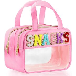Chenille Letter Travel Makeup Bag, Preppy Patch Nylon Clear Cosmetic Tote with Handle and Zipper, Waterproof Large Snack & Stuff Bag Toiletry Storage Pouch for Women Girls (Green-Stuff)
