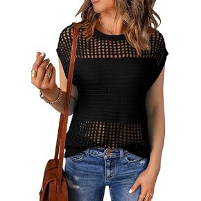 EVALESS Women's Cap Short Sleeve Sweater Vest Casual Summer Crochet Hollow Out Knit Tops Pullover T-Shirts Beach Coverup