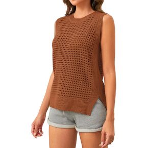 Women's Sleeveless Crochet Sweater Tank Hollow Out Round Neck Side Split Casual See Through Knit Sweater Vest