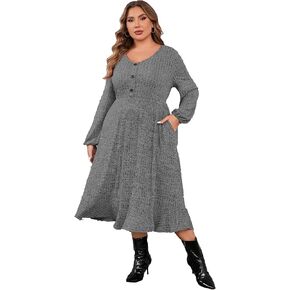 KOJOOIN Women's Plus Size Sweater Dress V-Neck Long Sleeve Fall Dresses Ribbed Knit Sweater Dress with Pockets