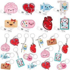 Henoyso 24 Pcs Cute Nurse Badge Reel Nurse Keychain Felt Retractable Badge Reels Badge Holders Brain Heart ID Badge Reel Doctor Nurse Gift Bulk Emergency Nurses Week Gifts Nursing Appreciation Gift