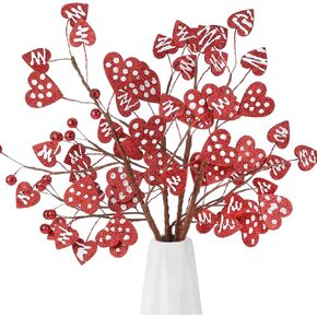 6 Pcs Valentine's Day Pick Heart Artificial Glitter Red Berry Heart Shaped Stems Valentine's Day Gift Valentine's Day Decor for Anniversary Wedding Floral Arrangement Wreath Vase Decoration