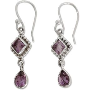 NOVICA Artisan Handmade Amethyst Dangle Earrings Artisan Crafted Sterling Silver Purple India Birthstone [1.5 in L x 0.4 in W] ' Purple Spark'