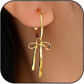 Trendy Bow Earrings for Women Cute 14K Gold Bow Knot Stud Hoop Earrings, Charm Long Drop Dangle Bow Earrings Christmas Hook Huggie Ear Jewelry Gifts