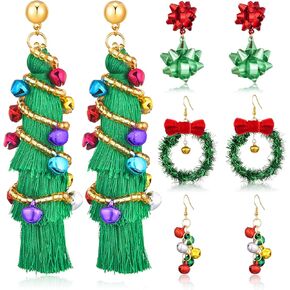 4 Pairs Christmas Earrings Bow Colorful Bulb Bells Xmas Tree Tassel Wreath Drop Dangle Earrings for Women Holiday Festival Jewelry Gifts