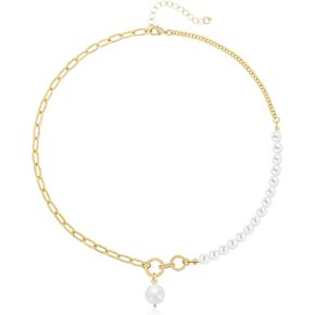 Mesovor Single Pearl Pendant Necklace for Women, 16K Gold Plated Paperclip Chain Necklace