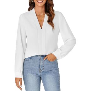 Rooscier Women's Elegant Pleated V Neck Long Sleeve Chiffon Blouse Business Shirt Top