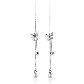 Butterfly Tassel Threader Earrings S925 Sterling Silver for Women Delicate Pearl Danling Charm Ball Bead Long Chain Dangle Drop Earring Fashion Jewelry Gifts Sensitive Ears