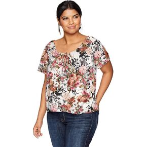 Star Vixen Women's Plus-Size Short/Slit Sleeve Keyhole-tie Peasant Top Bubble Hem