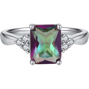 Ginger Lyne Collection Ariella Engagement Ring for Women, 2.62 ct Mystic Rainbow Emerald Cut Cubic Zirconia Statement Cocktail Ring for Her, White Gold Plated, Multicolored Gemstone