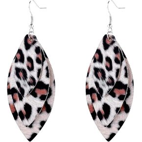 Lightweight Petal Leather Earrings Three Layered Teardrop Dangle Leaf Shape Leopard Pattern Earrings