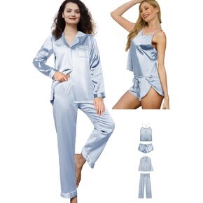 4Pcs Womens Silk Pajama Sets Satin Pajamas Set Sexy Cami Lingerie Pjs Nightwear Silky Pj Loungewear Sleepwear