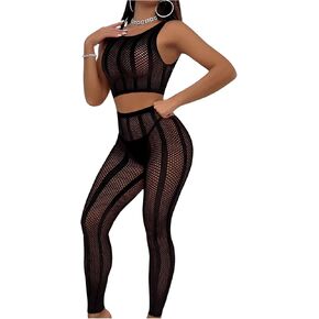 OYOANGLE Women's 2 Piece Lingerie Set Hollow Out Fishnet Crop Tank Top and Leggings Nightwear