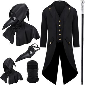Mepase 5 Pcs Halloween Plague Doctor Costume Men Steampunk Tailcoat Jacket Balaclava Cloak Long Nose Beak Mask Walking Cane