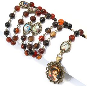 Nazareth Store Vintage Design Rosary Agate Stone Beads 8mm Five Decades Rosary Necklace Miraculous Medal & Holy Mary Baby Jesus Medallion 22"