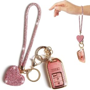 Key Fob Cover with Diamond Heart Keychain Car Key Holder Compatible with 2016-2022 Honda Accord Civic CRV Pilot Ridgeline Passport Remote Key Protector for Women, 5 Buttons (Pink-Wrist Rope)