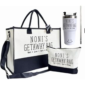 Canvas Tote Bag for Women, 20 oz Stainless Steel Water Cup, Noni's Getaway Bag, Shoulder Beach Bag, Travel Bag Gifts for Grandma, Canvas Tote Bag With Zipper, Mothers Day Birthday Christmas Gift