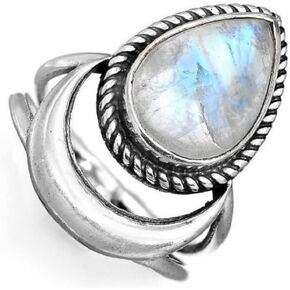 Awmnjtmgpw 925 Sterling Silver Rainbow Moonstone moon women's Retro ring creative tear shaped water drop crescent punk ring size 6-10 (size 7)