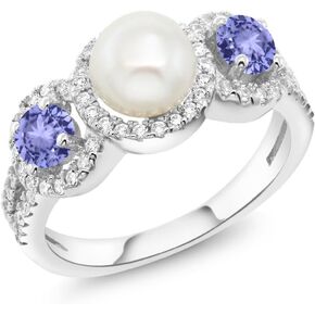 Gem Stone King 925 Sterling Silver Cultured Freshwater Pearl Blue and Tanzanite Ring For Women (1.40 Cttw, Gemstone Birthstone, Available In Size 5, 6, 7, 8, 9)