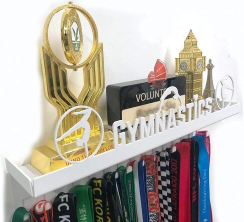 Three Figure Gymnastics Medal Holder Display Awards and Trophy Shelf Rack Case Ribbon Hanger with 3" Metal Shelf and Hooks, Great Gift for Gymnasts in Saudi Arabia