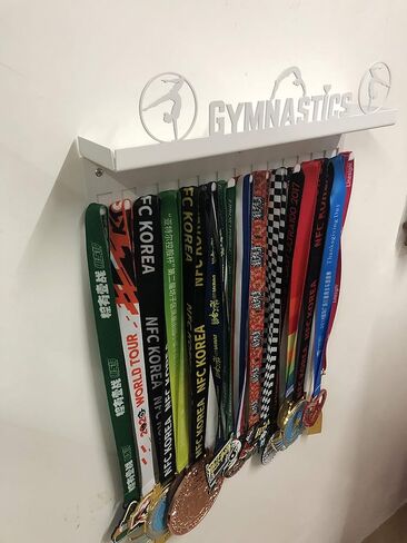 Three Figure Gymnastics Medal Holder Display Awards and Trophy Shelf Rack Case Ribbon Hanger with 3" Metal Shelf and Hooks, Great Gift for Gymnasts in Saudi Arabia