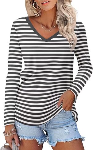 Minetom Women's Striped Long Sleeve Shirt V Neck Tops Casual Blouses in Saudi Arabia
