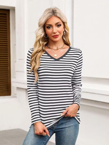 Minetom Women's Striped Long Sleeve Shirt V Neck Tops Casual Blouses in Saudi Arabia
