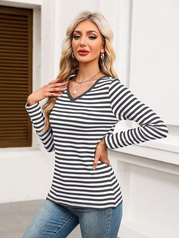Minetom Women's Striped Long Sleeve Shirt V Neck Tops Casual Blouses in Saudi Arabia