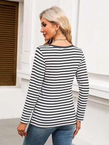 Minetom Women's Striped Long Sleeve Shirt V Neck Tops Casual Blouses in Saudi Arabia