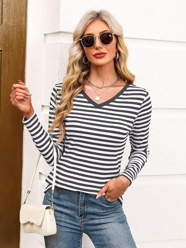 Minetom Women's Striped Long Sleeve Shirt V Neck Tops Casual Blouses in Saudi Arabia