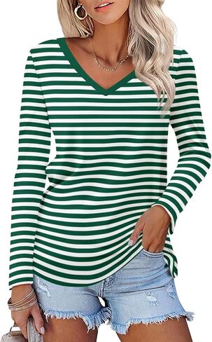 Minetom Women's Striped Long Sleeve Shirt V Neck Tops Casual Blouses in Saudi Arabia