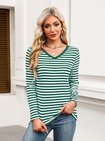 Minetom Women's Striped Long Sleeve Shirt V Neck Tops Casual Blouses in Saudi Arabia