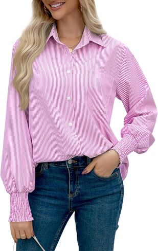 OMSJ Women’s Striped Button Down Shirts Smocked Cuffed Sleeve Stylish Collared Office Work Blouses with Pocket in Saudi Arabia