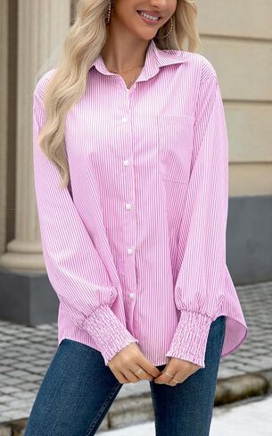 OMSJ Women’s Striped Button Down Shirts Smocked Cuffed Sleeve Stylish Collared Office Work Blouses with Pocket in Saudi Arabia