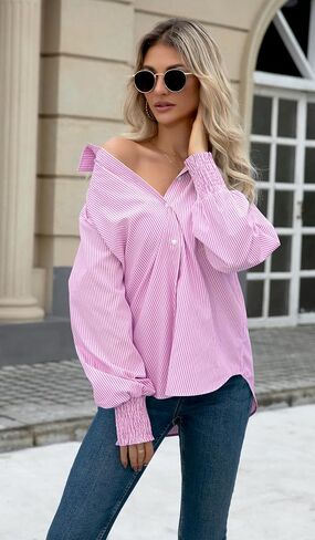 OMSJ Women’s Striped Button Down Shirts Smocked Cuffed Sleeve Stylish Collared Office Work Blouses with Pocket in Saudi Arabia