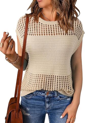 EVALESS Womens Tops Casual Summer Cap Short Sleeve Crochet Hollow Out Knit Sweater Vest Pullover T-Shirts Beach Coverup in Kuwait