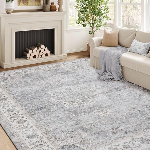 سجادة منطقة قابلة للغسل في الغسالة مقاس 8 × 10 من tchdio لغرفة المعيشة وغرفة النوم مقاس 8 × 10 سجادة قابلة للغسل سجادة عتيقة زهرية، سجاد مطبخ قابل للغسل غير قابل للانزلاق وقابل للطي سجاد عتيق، رمادي in Kuwait